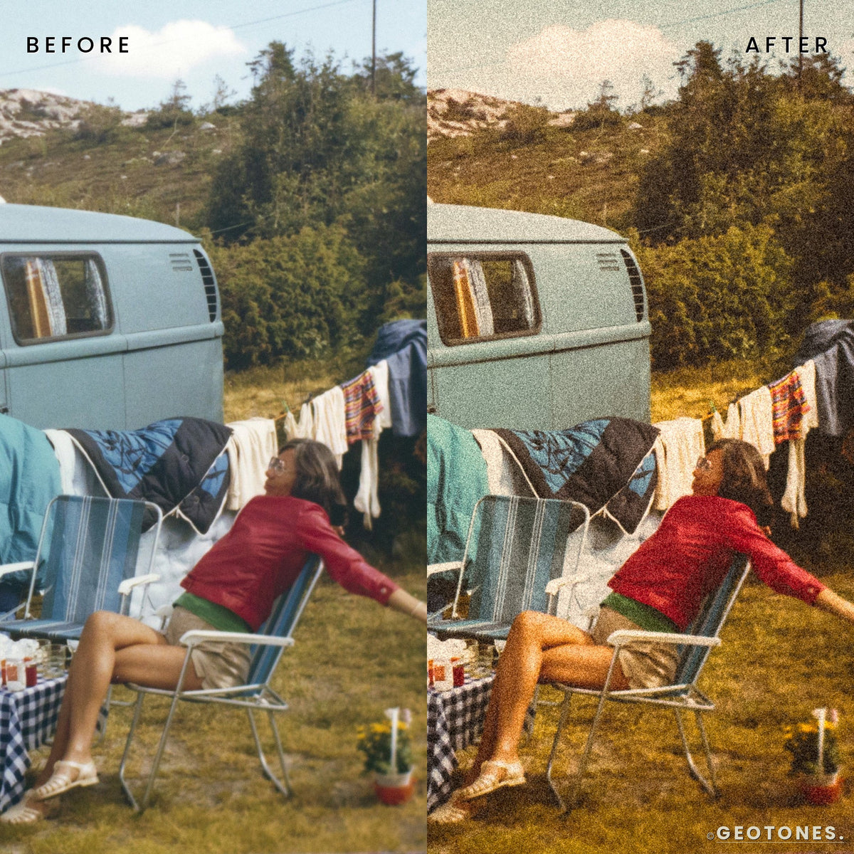 Before and after camper van photo edited with Analog Gold Lightroom presets by GeoTones