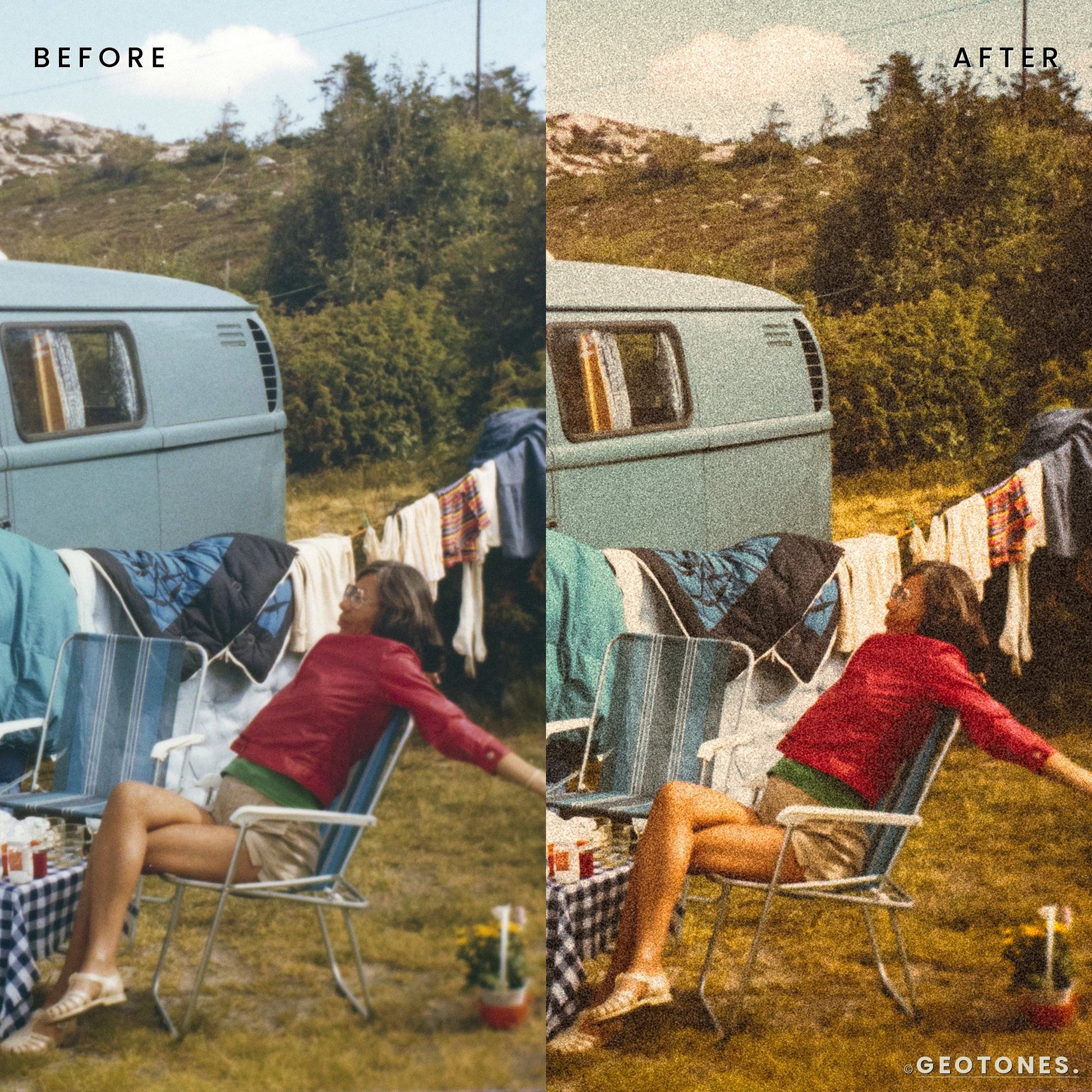 Before and after camper van photo edited with Analog Gold Lightroom presets by GeoTones