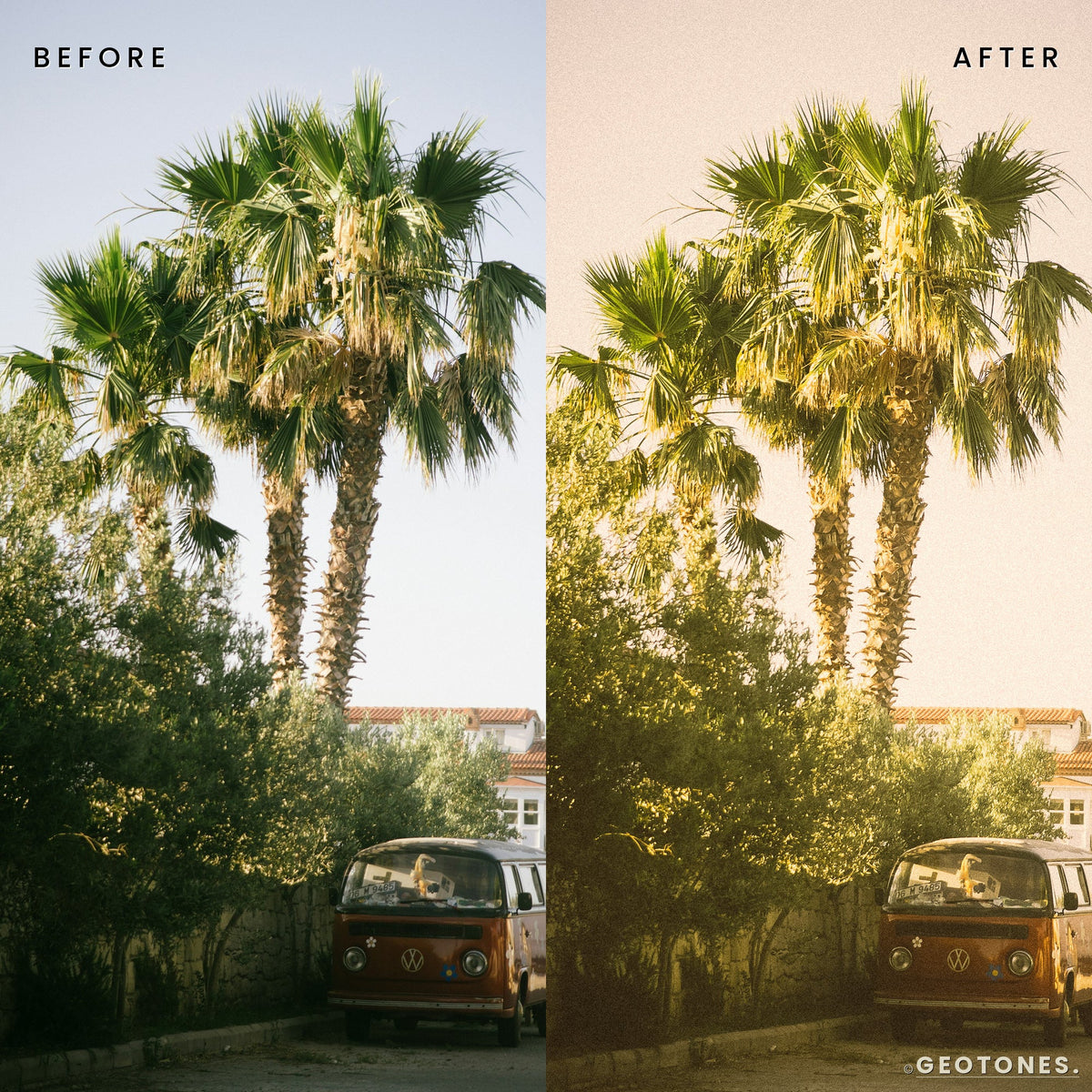 Before and after summer travel photo edited with Analog Gold Lightroom presets by GeoTones