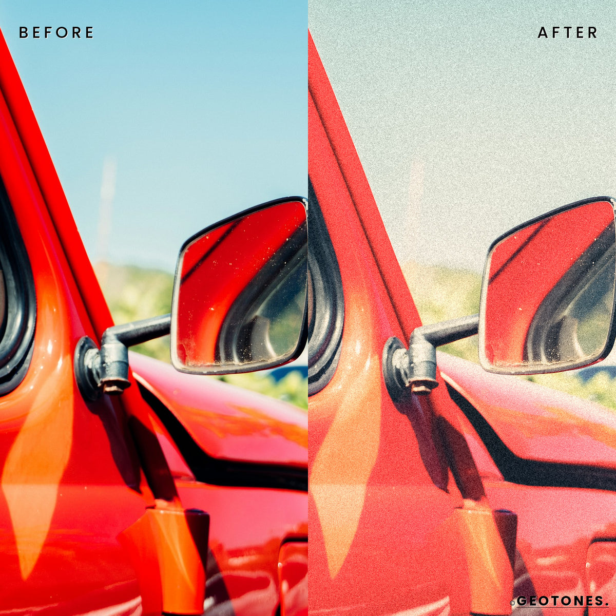 Before and after car detail photo edited with Analog Gold Lightroom presets by GeoTones