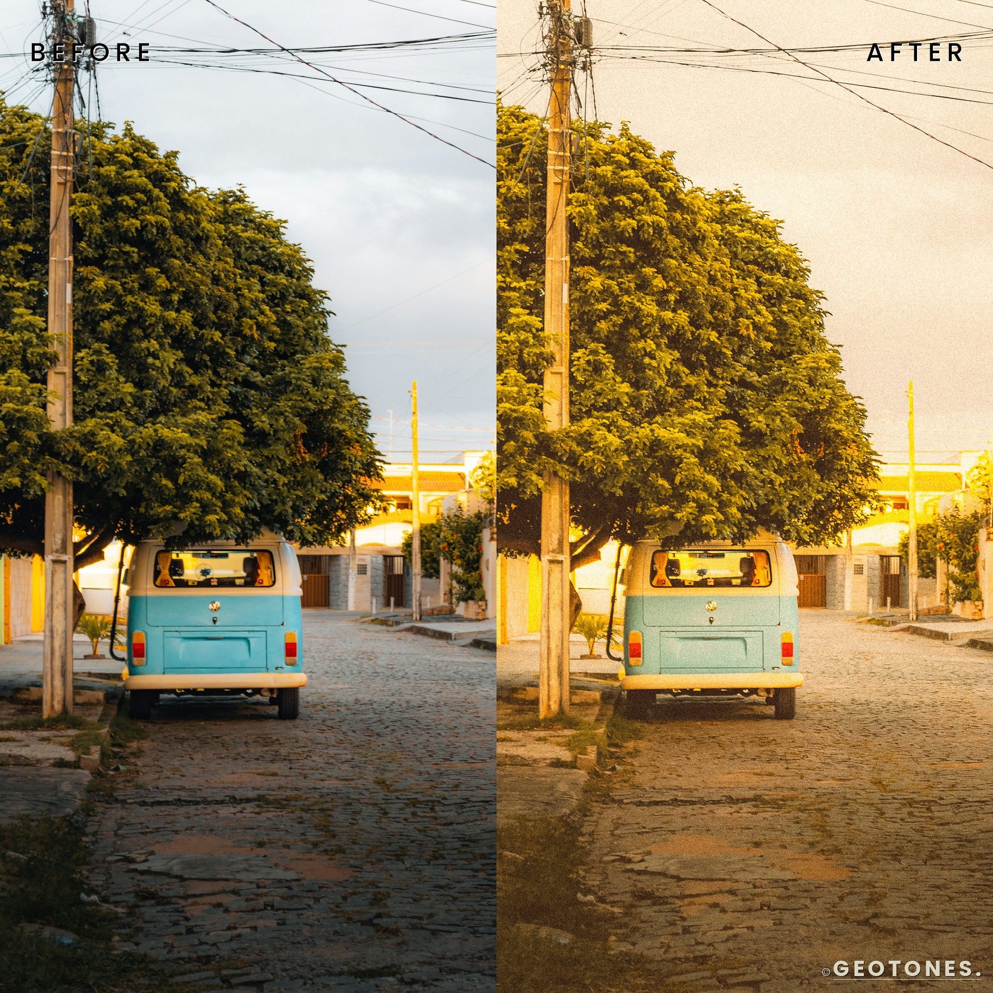 Before and after street photo edited with Analog Gold Lightroom presets by GeoTones