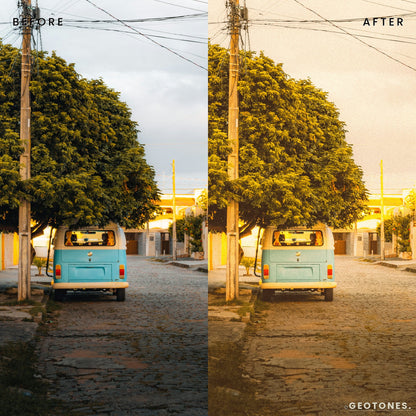 Before and after street photo edited with Analog Gold Lightroom presets by GeoTones
